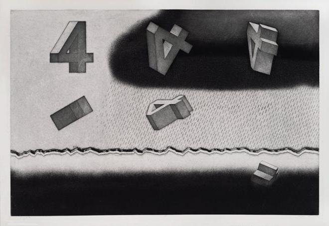 black and white print with various 3D number four at different angles