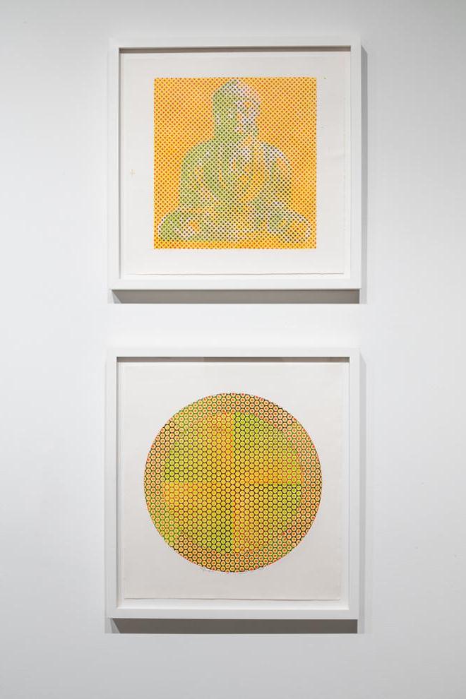 two yellow and green prints grouped together